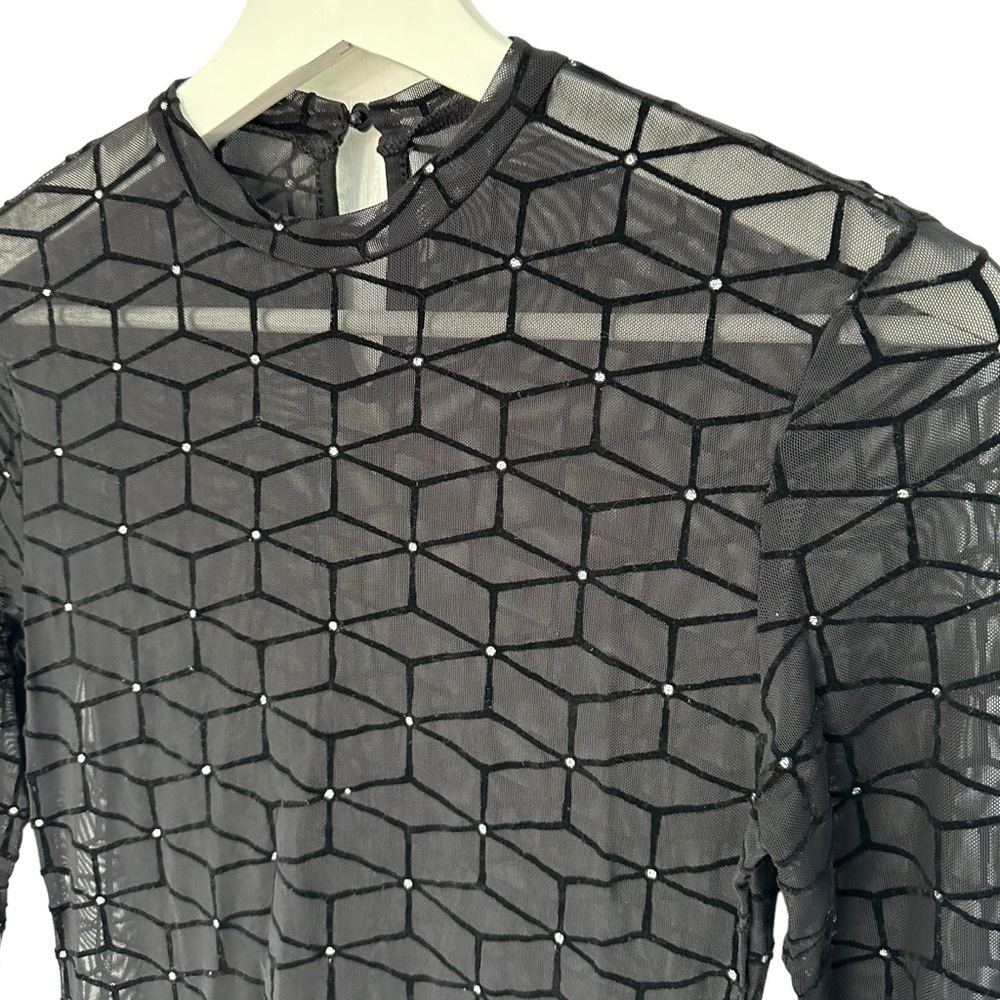 NWOT SHEIN SXY MOCK NECK GLITTER  DOT GEO MESH DRESS SHEER BLACK SIZE SMALL - Picture 9 of 12